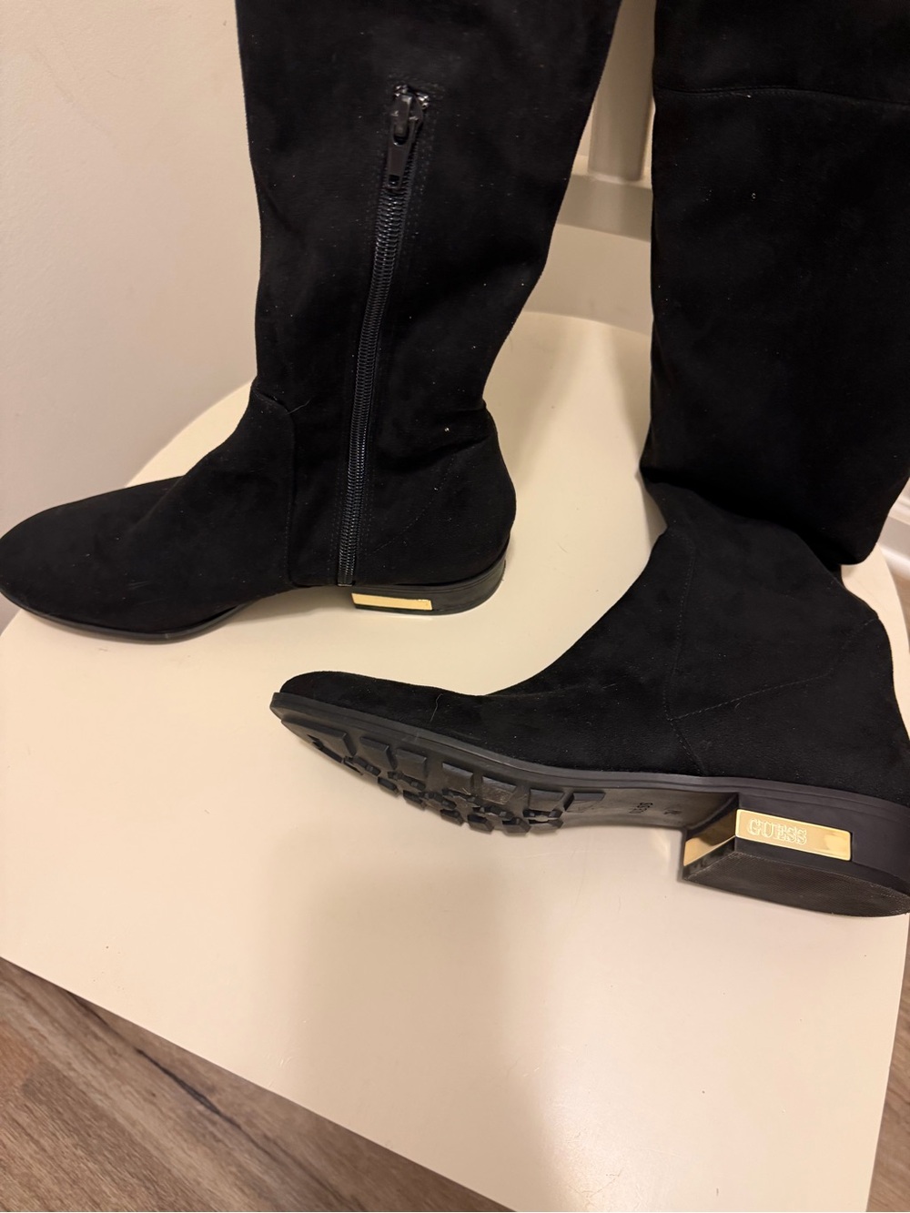GUESS Black Suede Over-The-Knee Boots with Gold Accent